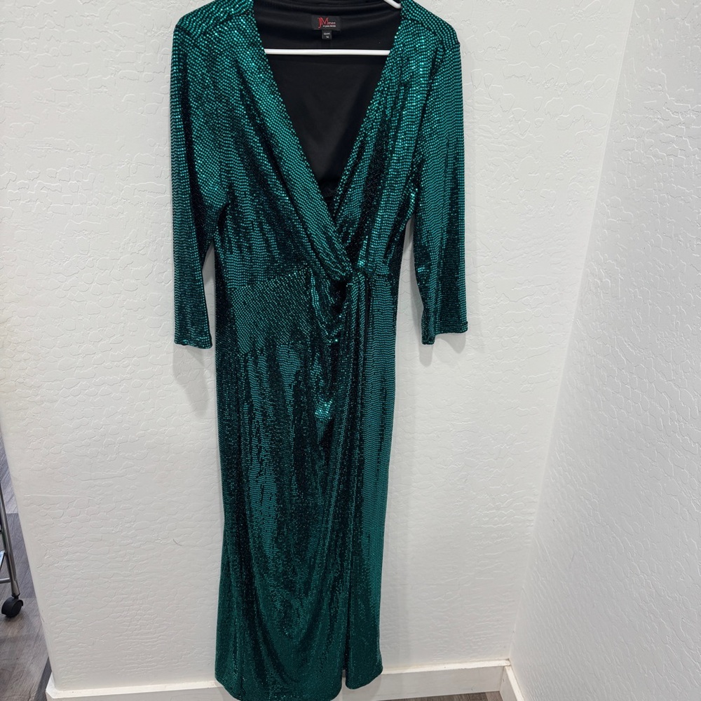 JM Studio John Meyer Beaded Gown Women’s 14 Green Black Gathered Christmas Dress
